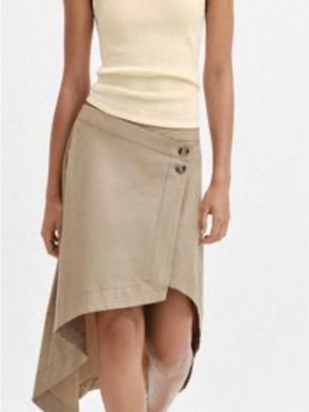 Zara Beige Asymmetrical Wrap Skirt with Button Detail, runs large.